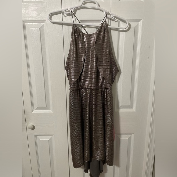 Halston Women’s Hi low Drape Metallic Gunmetal Racer back Midi dress size 8 - Picture 10 of 16